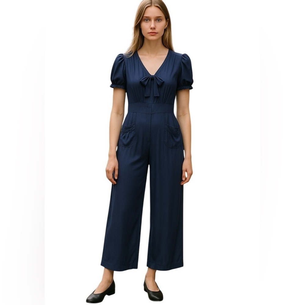 Self-Portrait Navy Tie-Neck Short Sleeve Jumpsuit